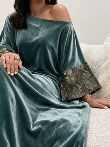 Yasveil 女款綠色植絨長袖拼接花卉直筒優雅浪漫阿拉伯風洋裝 - 綠色 - 查看 10