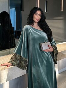 Yasveil 女款綠色植絨長袖拼接花卉直筒優雅浪漫阿拉伯風洋裝 - 綠色 - 查看 6