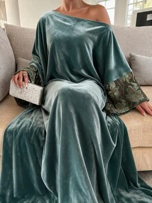 Yasveil 女款綠色植絨長袖拼接花卉直筒優雅浪漫阿拉伯風洋裝 - 綠色 - 查看 4
