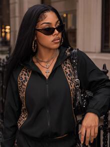 Slayform Slayform Women's Solid Color Leopard Print Patchwork Zipper Cardigan Hooded Fashion Sports Jacket - Black - View 7