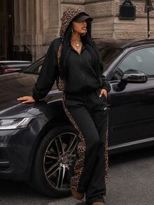 Slayform Slayform Women's Solid Color Leopard Print Patchwork Zipper Cardigan Hooded Fashion Sports Jacket - Black - View 6