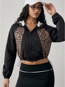 Slayform Slayform Women's Solid Color Leopard Print Patchwork Zipper Cardigan Hooded Fashion Sports Jacket - Black - View 2