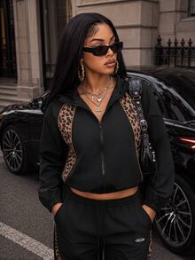 Slayform Slayform Women's Solid Color Leopard Print Patchwork Zipper Cardigan Hooded Fashion Sports Jacket - Black - View 8