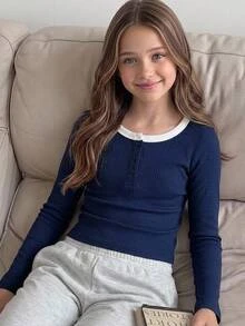 SHEIN Tween Girls Blend Blue Kids Striped Long Sleeve T-Shirt - Navy Blue - View 7