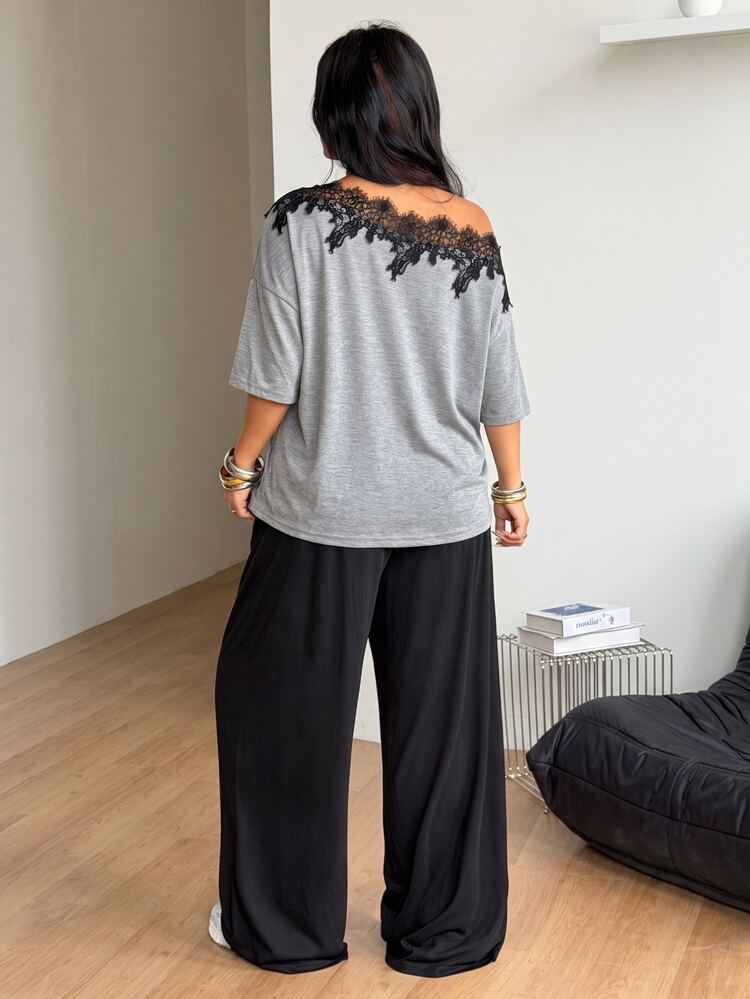 Coolane Women's Plus Size Summer Fall Elegant Sexy Casual Formal Lounge Vacation Comty Lace Patchwork Grey Black Asymmetrical Neck T-Shirt And Wide Leg 2 Pec - Grey - View 5