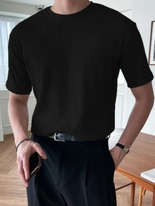 DAZY Men Solid Ribbed Knit Tee - Black - View 4