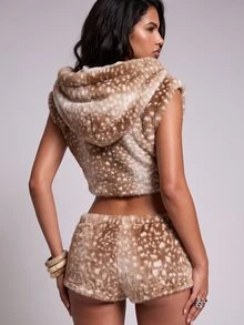 Nooralise Fashion Street Style Hot Girl Y2K Faux Fur Leopard Print Fuzzy Hooded Tank Top - Khaki - View 2