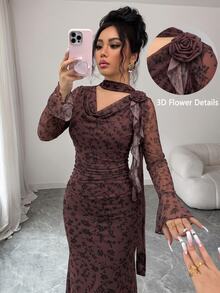 Modelyn 女款棕色花卉荷葉邊長袖垂領3D花卉網格印花修身洋裝，適合婚禮、週年紀念、派對，秋季優雅長袖洋裝 - 咖啡 - 查看 7