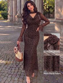 Modelyn 女款棕色花卉荷葉邊長袖垂領3D花卉網格印花修身洋裝，適合婚禮、週年紀念、派對，秋季優雅長袖洋裝 - 咖啡 - 查看 4