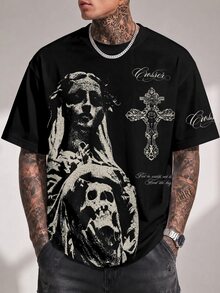 Sport MetroGents Vintage Dark Religious Skull Virgin Mary Print Men Short Sleeve Tee, Washed Black Distressed Texture Gothic Cross Letter Graphic Loose Crew Neck Top, Street, Gym - Multicolor - View 6