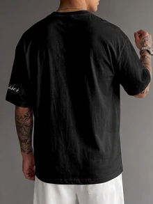 Sport MetroGents Vintage Dark Religious Skull Virgin Mary Print Men Short Sleeve Tee, Washed Black Distressed Texture Gothic Cross Letter Graphic Loose Crew Neck Top, Street, Gym - Multicolor - View 3
