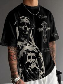 Sport MetroGents Vintage Dark Religious Skull Virgin Mary Print Men Short Sleeve Tee, Washed Black Distressed Texture Gothic Cross Letter Graphic Loose Crew Neck Top, Street, Gym - Multicolor - View 7