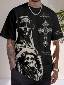 Sport MetroGents Vintage Dark Religious Skull Virgin Mary Print Men Short Sleeve Tee, Washed Black Distressed Texture Gothic Cross Letter Graphic Loose Crew Neck Top, Street, Gym - Multicolor - View 4
