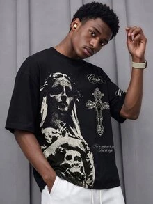 Sport MetroGents Vintage Dark Religious Skull Virgin Mary Print Men Short Sleeve Tee, Washed Black Distressed Texture Gothic Cross Letter Graphic Loose Crew Neck Top, Street, Gym - Multicolor - View 1