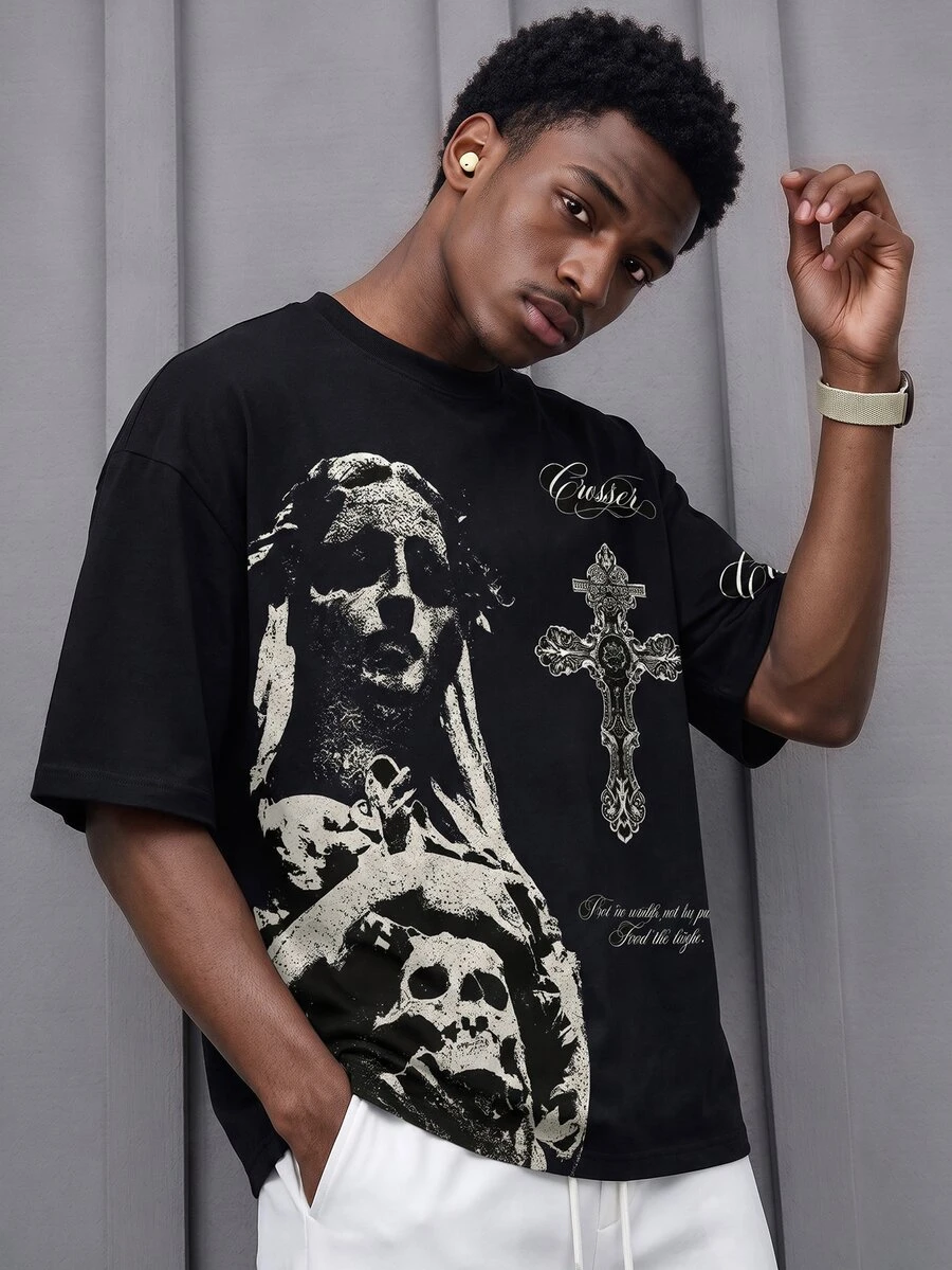 Sport MetroGents Vintage Dark Religious Skull Virgin Mary Print Men Short Sleeve Tee, Washed Black Distressed Texture Gothic Cross Letter Graphic Loose Crew Neck Top, Street, Gym - Multicolor - View 1