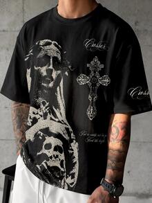 Sport MetroGents Vintage Dark Religious Skull Virgin Mary Print Men Short Sleeve Tee, Washed Black Distressed Texture Gothic Cross Letter Graphic Loose Crew Neck Top, Street, Gym - Multicolor - View 2