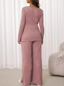 Slowluna Maternity Solid Color Wrap Top And Adjustable Waist Long Pants Nursing 2 Pieces Set Fall - Pink - View 4