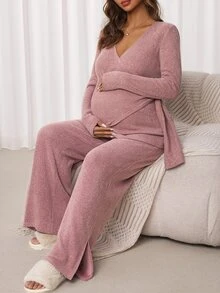 Slowluna Maternity Solid Color Wrap Top And Adjustable Waist Long Pants Nursing 2 Pieces Set Fall - Pink - View 7
