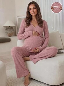 Slowluna Maternity Solid Color Wrap Top And Adjustable Waist Long Pants Nursing 2 Pieces Set Fall - Pink - View 2