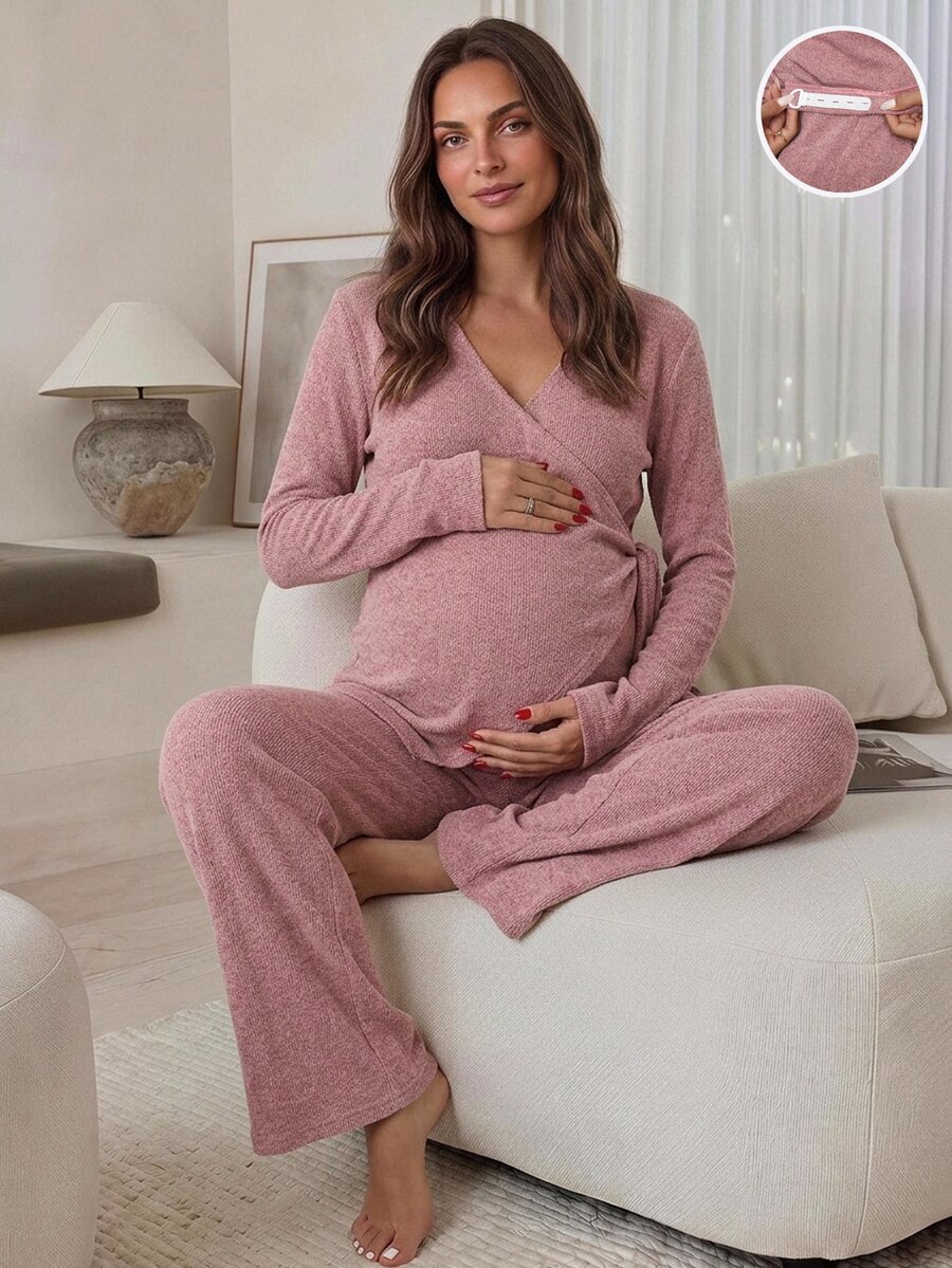 Slowluna 孕婦純色交叉領上衣與可調腰圍長褲哺乳兩件套 秋季 - 粉色 - 查看 1