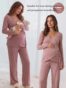 Slowluna Maternity Solid Color Wrap Top And Adjustable Waist Long Pants Nursing 2 Pieces Set Fall - Pink - View 1