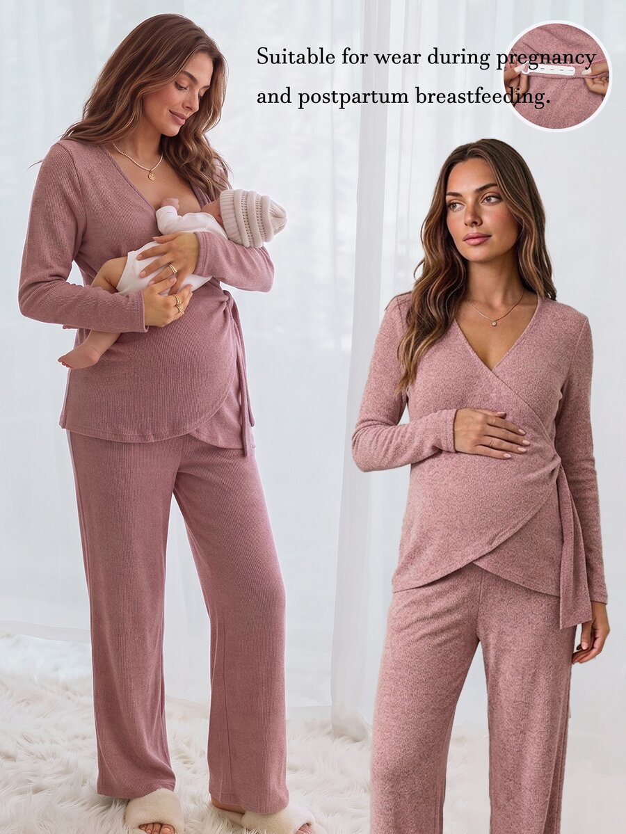 Slowluna Maternity Solid Color Wrap Top And Adjustable Waist Long Pants Nursing 2 Pieces Set Fall - Pink - View 1