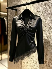 SHEIN LUNE 女款新款優雅通勤百褶不對稱下擺蕾絲拼接緞面襯衫 - 黑色 - 查看 4
