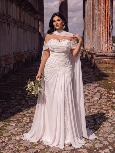 Aureia Vestido de fiesta elegante y romántico de talla grande, con mangas de satén elástico, encaje, hombros descubiertos, fruncido, ajustado, bajo de sirena, chal desmontable, vestido de boda elegante y sofisticado, vestido de noche de boda de moda, vestido de noche formal