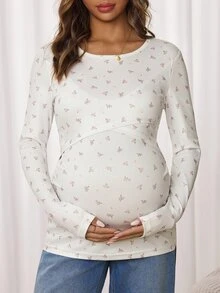 SHEIN 孕婦小碎花圓領長袖休閒哺乳上衣 - 白色 - 查看 7