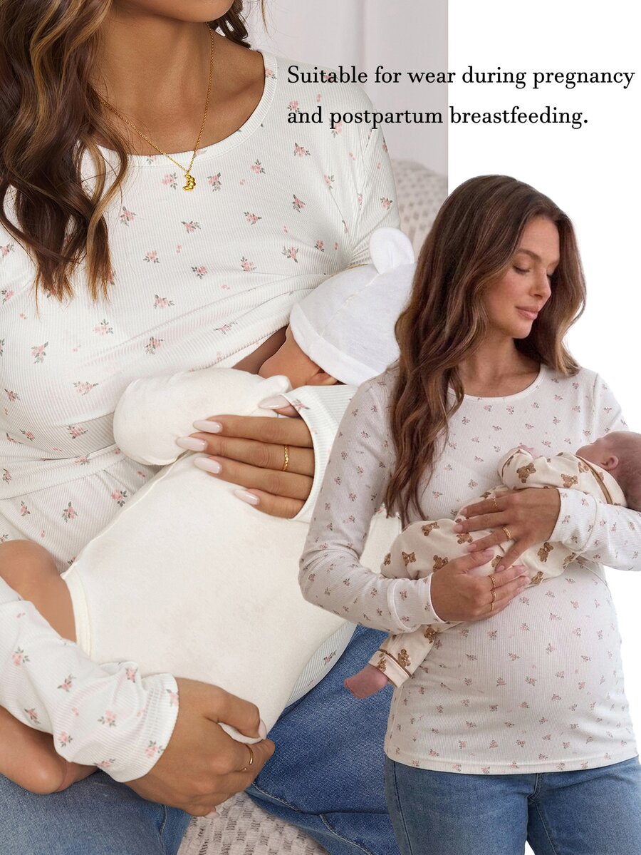 SHEIN Maternity Ditsy Floral Round Neck Long Sleeve Casual Nursing Top - White - View 1