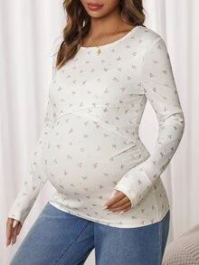 SHEIN 孕婦小碎花圓領長袖休閒哺乳上衣 - 白色 - 查看 3