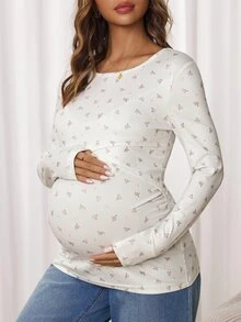SHEIN 孕婦小碎花圓領長袖休閒哺乳上衣 - 白色 - 查看 10