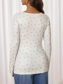 SHEIN 孕婦小碎花圓領長袖休閒哺乳上衣 - 白色 - 查看 4