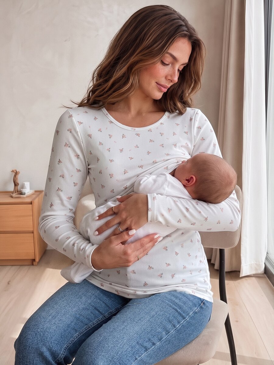 SHEIN 孕婦小碎花圓領長袖休閒哺乳上衣 - 白色 - 查看 1