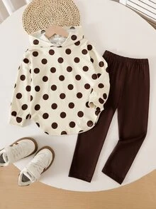 SHEIN Playful Pals 女童秋冬新款楓葉棕復古波點連帽長袖上衣與鬆緊腰休閒寬鬆軟針織長寬腿褲 2 - 棕色 - 查看 3