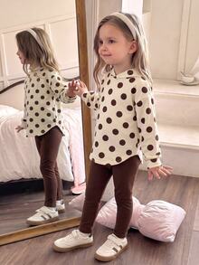 SHEIN Playful Pals 女童秋冬新款楓葉棕復古波點連帽長袖上衣與鬆緊腰休閒寬鬆軟針織長寬腿褲 2 - 棕色 - 查看 1