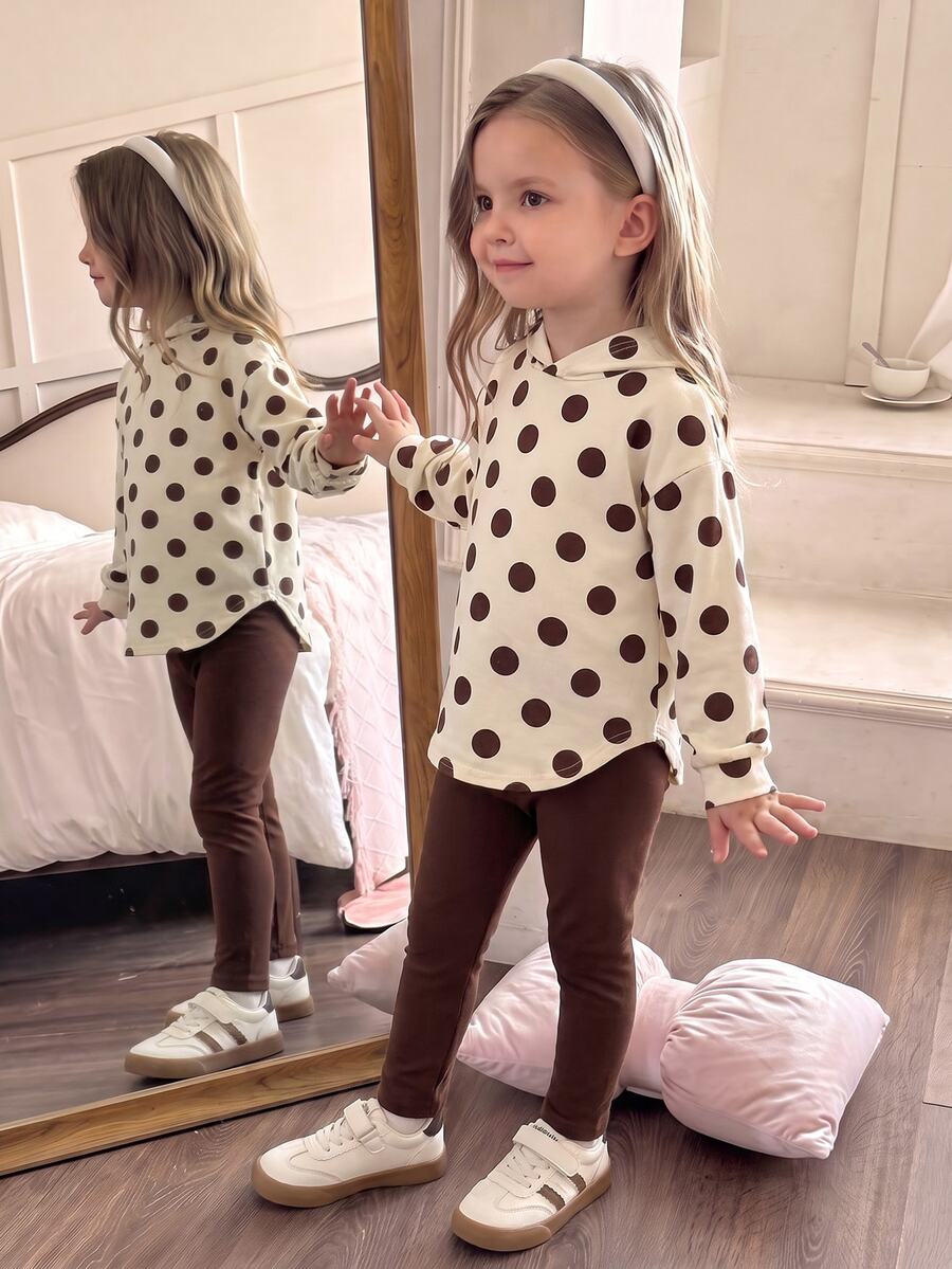 SHEIN Playful Pals 女童秋冬新款楓葉棕復古波點連帽長袖上衣與鬆緊腰休閒寬鬆軟針織長寬腿褲 2 - 棕色 - 查看 1