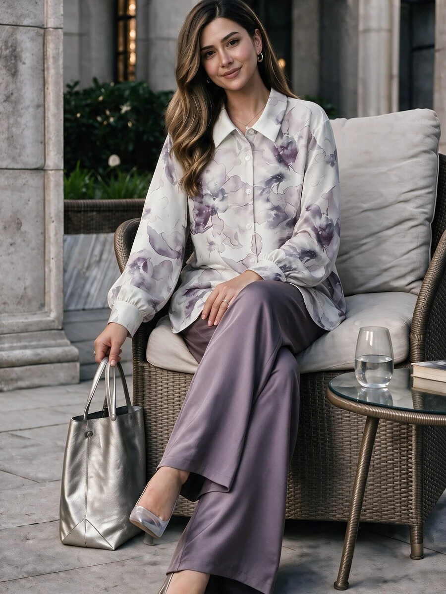 Lacomfia Women's Tie Dye Floral Print Shirt & Wide Leg Pants 2 Pieces Set, Romantic Daily Wear, Plus Size Fall - Multicolor - View 1
