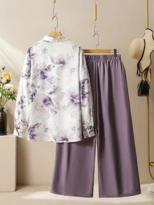 Lacomfia Women's Tie Dye Floral Print Shirt & Wide Leg Pants 2 Pieces Set, Romantic Daily Wear, Plus Size Fall - Multicolor - View 2