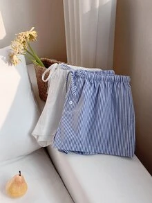 Comfortcana 2件組女款亞麻藍白條紋短褲，休閒居家睡褲，夏季基礎居家服 - 藍白色 - 查看 6