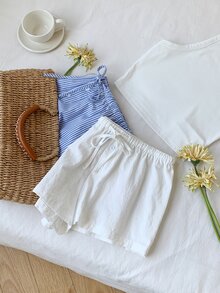 Comfortcana 2件組女款亞麻藍白條紋短褲，休閒居家睡褲，夏季基礎居家服 - 藍白色 - 查看 4