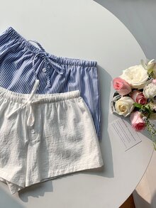 Comfortcana 2件組女款亞麻藍白條紋短褲，休閒居家睡褲，夏季基礎居家服 - 藍白色 - 查看 7