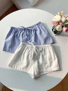 Comfortcana 2件組女款亞麻藍白條紋短褲，休閒居家睡褲，夏季基礎居家服 - 藍白色 - 查看 8