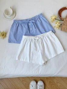 Comfortcana 2件組女款亞麻藍白條紋短褲，休閒居家睡褲，夏季基礎居家服 - 藍白色 - 查看 5