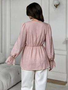 Solavon Women's Solid Color Pleated Casual Versatile Daily Wear Blouse - Pink - View 2
