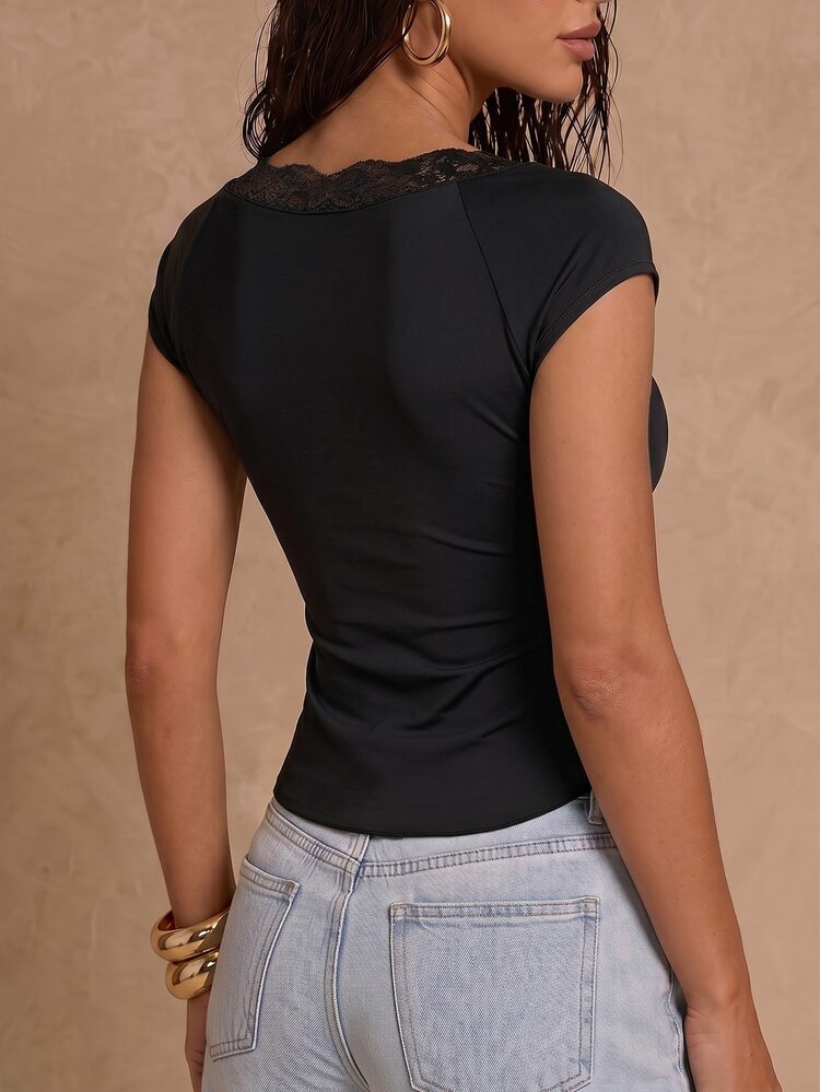 Allurite Minimalist Sexy Lace Trim Patchwork V-Neck Ruched Bow Short Sleeve Fitted Women's Short T-Shirt, Casual Home Wear, Summer, Hot Girl Style, Holiday - Black - View 2