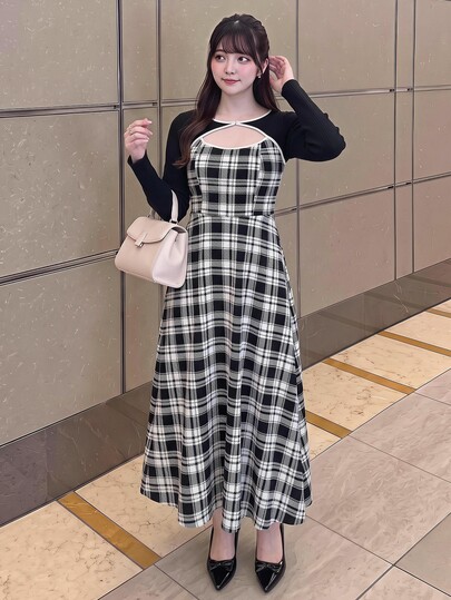 Bijouette Plus Size Women's Spring/Autumn Vintage Casual Contrast Trim Cropped Top And Plaid Print Cami Dress 2 Pieces Set Fall