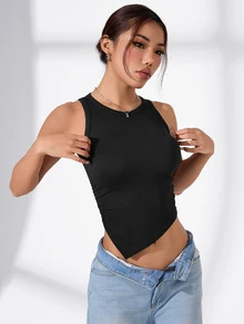 Eassivo Eassivo 无缝高弹力纯色不对称下摆运动背心 - 黑色 - 查看 5