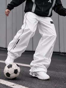 Sport MetroGents Men's Letter Print Drawstring Waist Loose Sports Long Pants, Gym - White - View 1