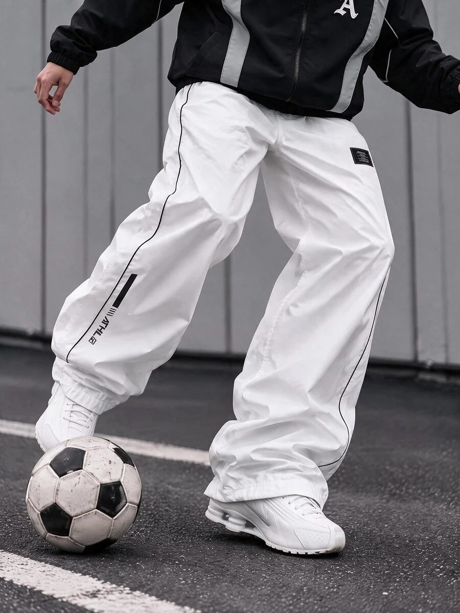 Sport MetroGents Men's Letter Print Drawstring Waist Loose Sports Long Pants, Gym - White - View 1